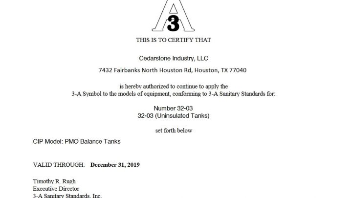 3-A Uninsulated Tanks Certificate