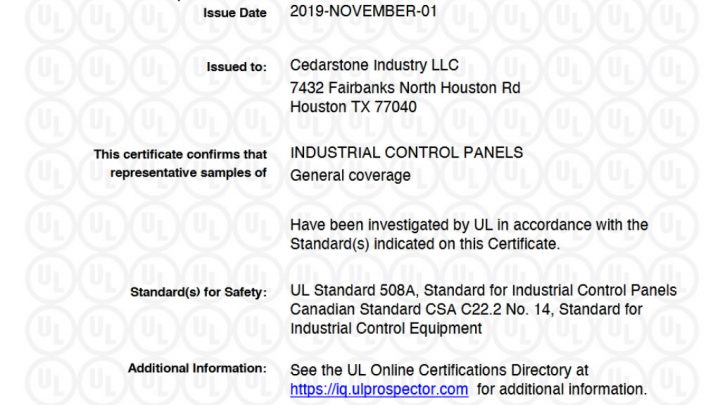 UL Certificate for Industrial Control Panels